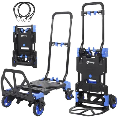 Zdjęcie produktu dla Sekey 2 w 1 – aluminiowy wózek ręczny, składany, wózek transportowy z platformą, nośność do 80 kg/150 kg, z 2 pasami mocującymi