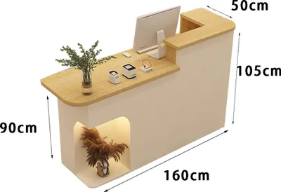 A reception desk with dimensions indicated.