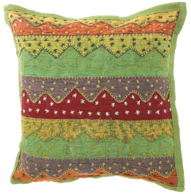Produktbild von Indische Kissenhülle, Bestickter Patchwork Kissenbezug, Ethnostyle Kissen - Grün, Baumwolle, 40*40*0,5 cm, Zierkissen, Dekokissen, Sofakissen
