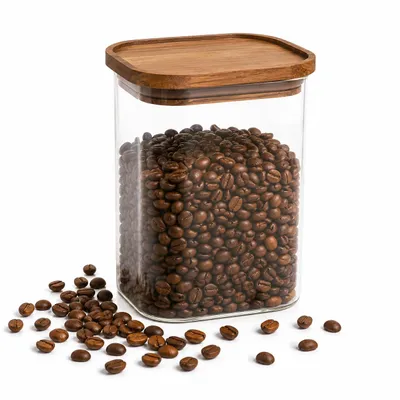 Produktbild von Glas-Vorratsdose 900 ml – Rechteckiger Aufbewahrungsbehälter mit Holzdeckel – Luftdichte Vorratsdose für Kaffee, Tee, Reis und Zucker – Transpant, KI-generiertes Bild