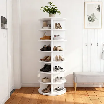 Produktbild von Drehbarer Schuhturm 7 Etagen für 28 Paar Schuhe freistehend platzsparend 60x60x161 cm weiß