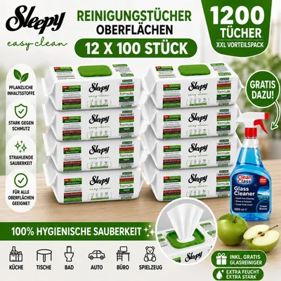Produktbild von Sleepy Easy Clean Apfel / Apple 12er Set + 1x Glasreiniger GRATIS – Reinigungstücher