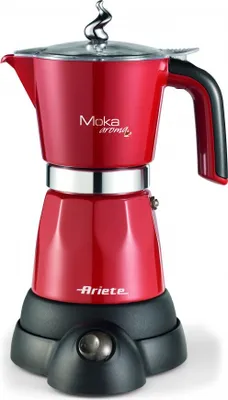 A red electric moka pot coffee maker is shown against a white background.