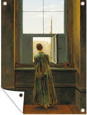 Produktbild von MuchoWow® 60x80 cm Outdoor-Poster Gartendeko Sichtschutz Garten Poster für den Garten Frau am Fenster - Gemälde von Caspar David Friedrich