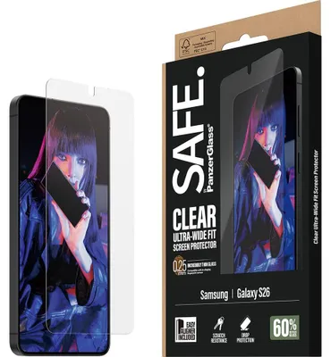 Obrázek produktu pro PanzerGlass SAFE. by ® Screen Protector Samsung Galaxy S26 | Ultra-Wide Fit w. EasyAligner, Samsung, Samsung - Galaxy S26, Aplikace nasucho, Odolné proti poškrábání, Odolný proti nárazům, Průhledná, 1 kusů