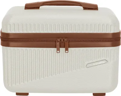 A white and brown beauty case is shown against a white background.