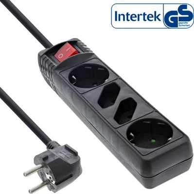 Image de InLine® multiprise, 4x, 2x contact de protection + 2x Euro, noir, 3m