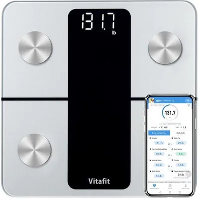 Zdjęcie produktu dla Cyfrowa waga Bluetooth do pomiaru tkanki tłuszczowej, BMI i masy mięśniowej – srebrna