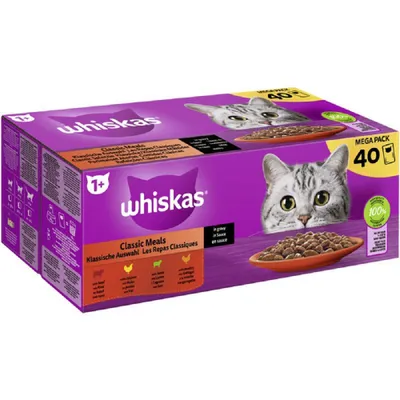 A box of Whiskas cat food, featuring images of cats and bowls of food.