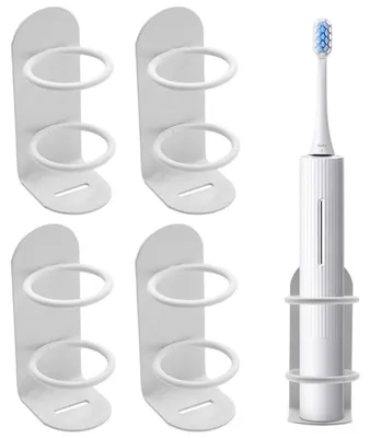 Image de 4 supports muraux pour brosses à dents électriques, adhésifs, blancs, en métal