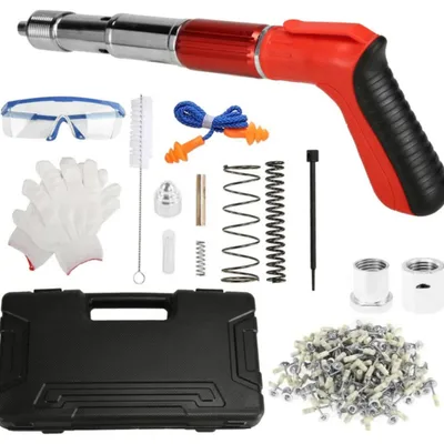 Produktbild von Beton Nagelpistole Set - Nagelgerät für Betonwände - 5-stufig einstellbare Schlagkraft - Stahlkonstruktion - Mit 50 Nägeln - Tragbares Schnellfeuer Handgerät - Rot