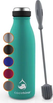 Produktbild von coolrhino Edelstahl-Trinkflasche 500ml, 1L – Kohlensäure geeignete Sportflasche inkl. Reinigungsbürste – BPA frei, Auslaufsicher -Thermosflasche & Teeflasche für Uni, Schule, Fitness, Outdoor, Camping