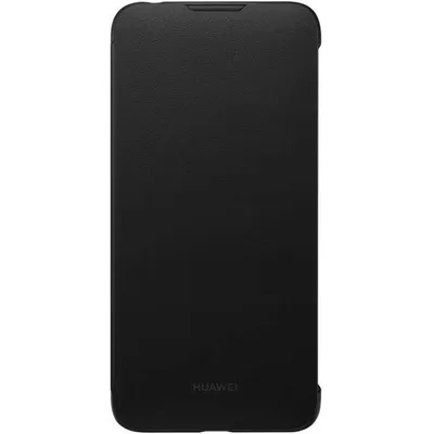 A black flip case for a Huawei Y7 2019 phone, shown from the front.