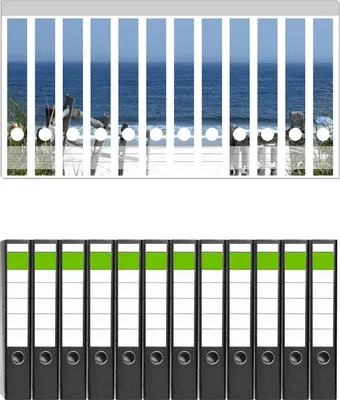 Produktbild von Wallario 12 Stück schmale Ordner inkl. Klebeetiketten mit Motive Blick auf Strand -  Set mit Rückenschildern / Ordnerrücken Stickern