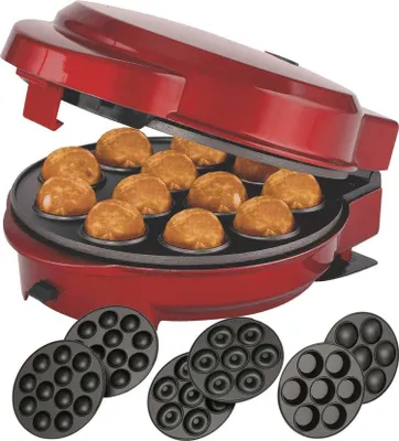 A red donut muffin popcake maker with multiple baking plates.