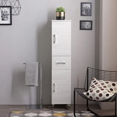 Produktbild von Bad-Hochschrank 150 cm, bodenstehend, in Holzoptik weiß | Rimini