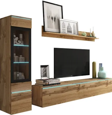 A modern living room wall unit with a display cabinet, TV stand, and shelf, featuring a wood grain finish and LED lighting.
