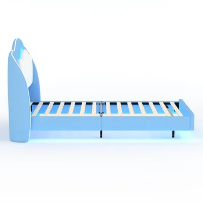 Immagine prodotto di Letto imbottito HOMAVO 90x200 cm, lettino per bambini, letto singolo con illuminazione a LED, letto imbottito in velluto con motivo a nuvole, letto sospeso