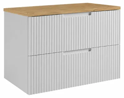 Immagine prodotto di Mobile bagno sospeso, 80 cm, con cassetti, struttura bianca e piano in legno effetto rovere, completo di maniglie, dimensioni 80 x 46 x 58,6 cm, Immagine generata dall'IA