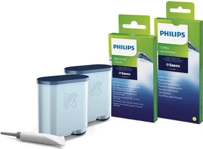 Produktbild von Philips Rundum-Pflegeset für Kaffeevollautomaten, 2 AquaClean Filter, Schmierfett, Milchreiniger + Fettlöser (CA6707/10)