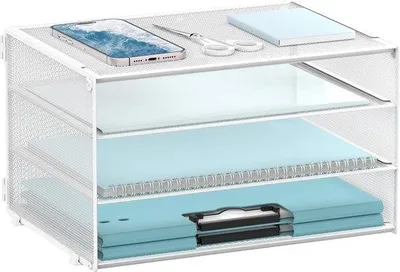 Obrázok produktu pre SUPTIDY 3-vrstvový organizér na stôl, z kovovej sieťoviny, pre domácnosť a kanceláriu, biely