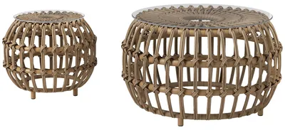 Immagine prodotto di Set di 2 tavolini in polyrattan Ø66/42 cm tavolo da giardino rotondo resistente alle intemperie con piano in vetro tavolo da balcone esterno tavolino basso mobili da giardino per giardino, balcone marrone |