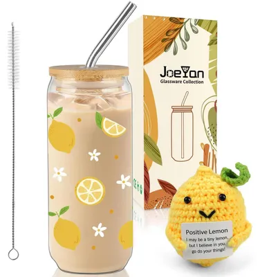 Produktbild von Geschenkset Trinkglas mit Deckel und Strohhalm Zitronen-Motiv & gehäkelte Kartoffel 600ml