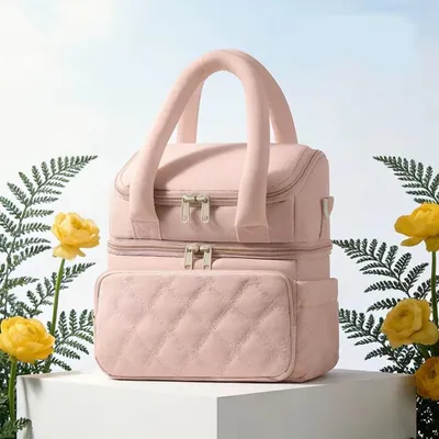 Productafbeelding van Grote, geïsoleerde opbergtas voor babyflessen - verschoningstas - met twee compartimenten - lekvrij - herbruikbaar - met rits - roze