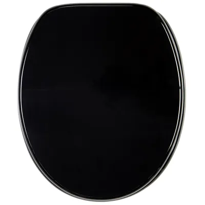 A black toilet seat viewed from above.
