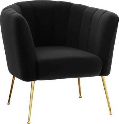 A black velvet armchair with gold legs is shown against a white background.