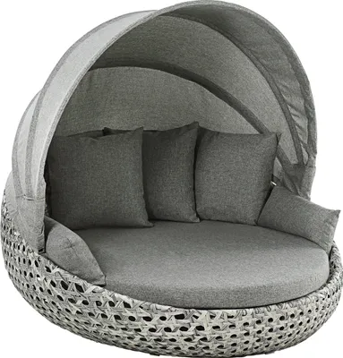 A round outdoor daybed with a canopy and cushions, presented on a white background.