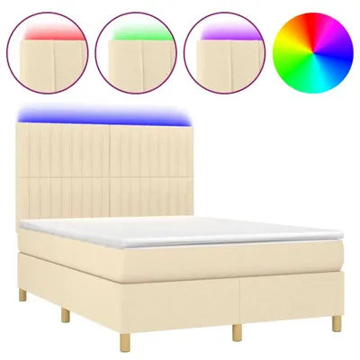 Imagen del producto de Cama con somier y colchón, con iluminación LED, color crema, 140x200 cm, tapizada en tela