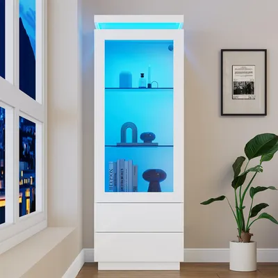 Produktbild von Vitrine mit 2 Schubladen und LED Glasschrank Vitrinenschrank Wohnzimmerschrank 60*40*171cm Weiß