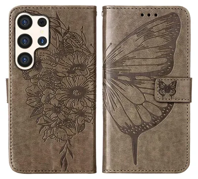 Produktbild von Galaxy S24 Ultra Hülle, Schmetterling Prägung Leder Kartenfächer Schutzhülle mit Ständer für Samsung Galaxy S24 Ultra Grau