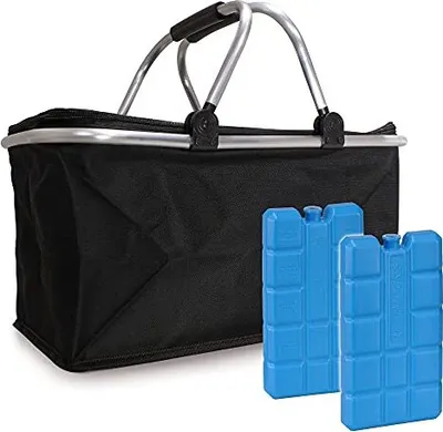 Produktbild von e-Best - Einkaufskorb mit 2 Kühlakkus - Korb mit gepolsterten Tragegriffen - Isolierkorb, Kühltasche, Thermotasche, Kühlbox - faltbar - Schwarz