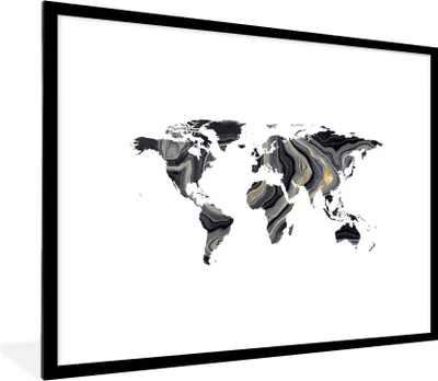 Produktbild von MuchoWow® Gerahmtes Poster Weltkarte - Gold - Linie 80x60 cm - Poster mit Schwarzem Bilderrahmen Wandposter Rahmen Foto Bilder - Schlafzimmer-Dekorationen - Fotoposter