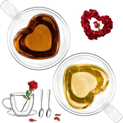 Zdjęcie produktu dla Zestaw dwóch podwójnych filiżanek do espresso, pojemność 150 ml, z uchwytem i podstawką, w kształcie serca, przezroczyste