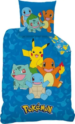 Produktbild von Unyqoos® Pokémon-Bettbezug 140 x 200 cm, 100% Baumwolle, mit Kissenbezug 63 x 63 cm – beidseitig bedruckt mit Pikachu, Bisasam, Schiggy & Glumanda