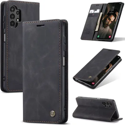 Image de Galaxy A13 4G Cover, RetroPolyuréthaneLeather Case avec fonction de support Housse de protection pour Samsung Galaxy A13 4G Noir