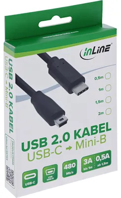 Produktbild von InLine USB 2.0 Kabel, USB-C Stecker an Mini-B Stecker, schwarz, 1,5m, 1,5 m, USB C, Mini-USB B, USB 2.0, Stecker/Stecker, Schwarz