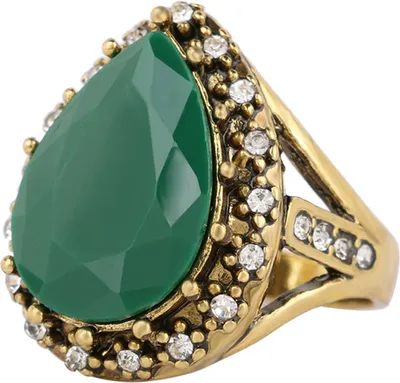 Produktbild von Damen-Ring-Schmuck im Vintage-Stil mit eingelegten glänzenden Strasssteinen in Wassertropfenform-Grün,US 10