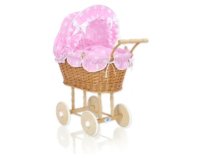 Image de Chariot en osier pour poupées avec literie rose en fibres naturelles de MY SWEET BABY
