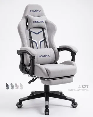 Zdjęcie produktu dla Ergonomiczny Fotel Gamingowy Dowinx z Podnóżkiem i Masażem Lędźwiowym – Oddychająca Tkanina, Jasny Popiel (Jasnoszary)