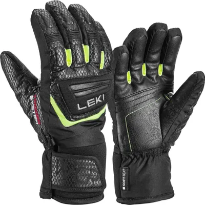 A pair of black ski gloves with neon green accents.