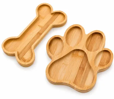 Produktbild von 2er Set Holz Servierbrett Hund Pfote Knochen Bambus Snackteller Käseplatte, Tierform Frühstücksbrett für Snacks & Party Deko