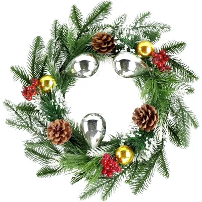 Image de Couronne de Noël artificielle, 45 cm, avec cônes de sapin et boules, vert et argent