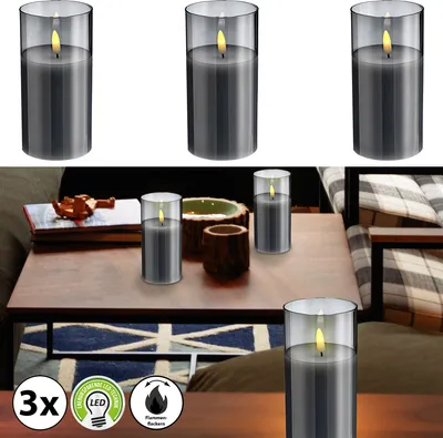 Produktbild von LED Echtwachs Kerze im Glas 3er Set 7,5x15cm Kerzenset Flackerfunktion Timerfunktion