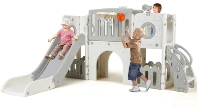 Produktbild von Kinderrutsche - 9-in-1 Rutsche und Klettergerüst - Indoor und Outdoor Spielset - Mit Basketballkorb Ball und Teleskop - Für Kinder 3–6 Jahre - Grau Weiß