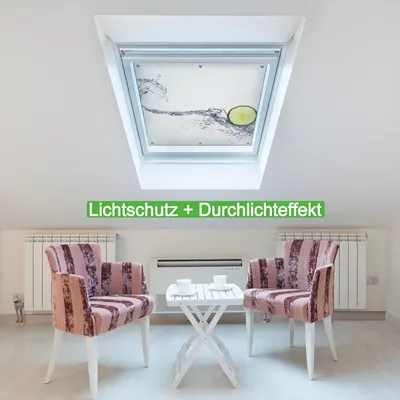 Produktbild von Wallario Lichtschutzbild, Dekorativer Sichtschutz Sonnenschutz 96 x 100 cm mit Motiv: Limettenscheibe in spritzigem Wasser - Verdunklung ohne Bohren
