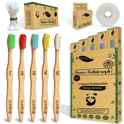 Produktbild von Set aus 5 Bambuszahnbürsten mit Zungenschaber